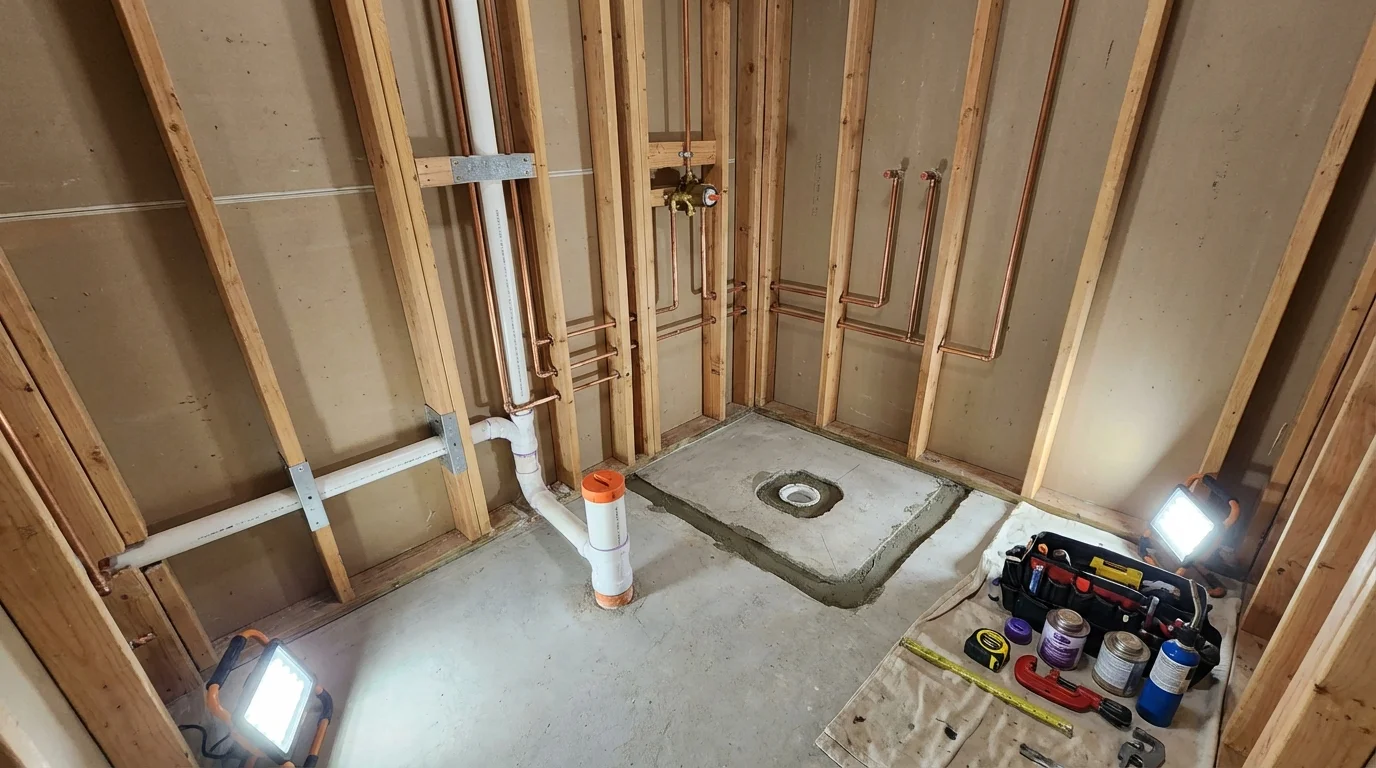 Bathroom rough-in plumbing during remodel by Johns Plumbing LLC in Ravenswood
