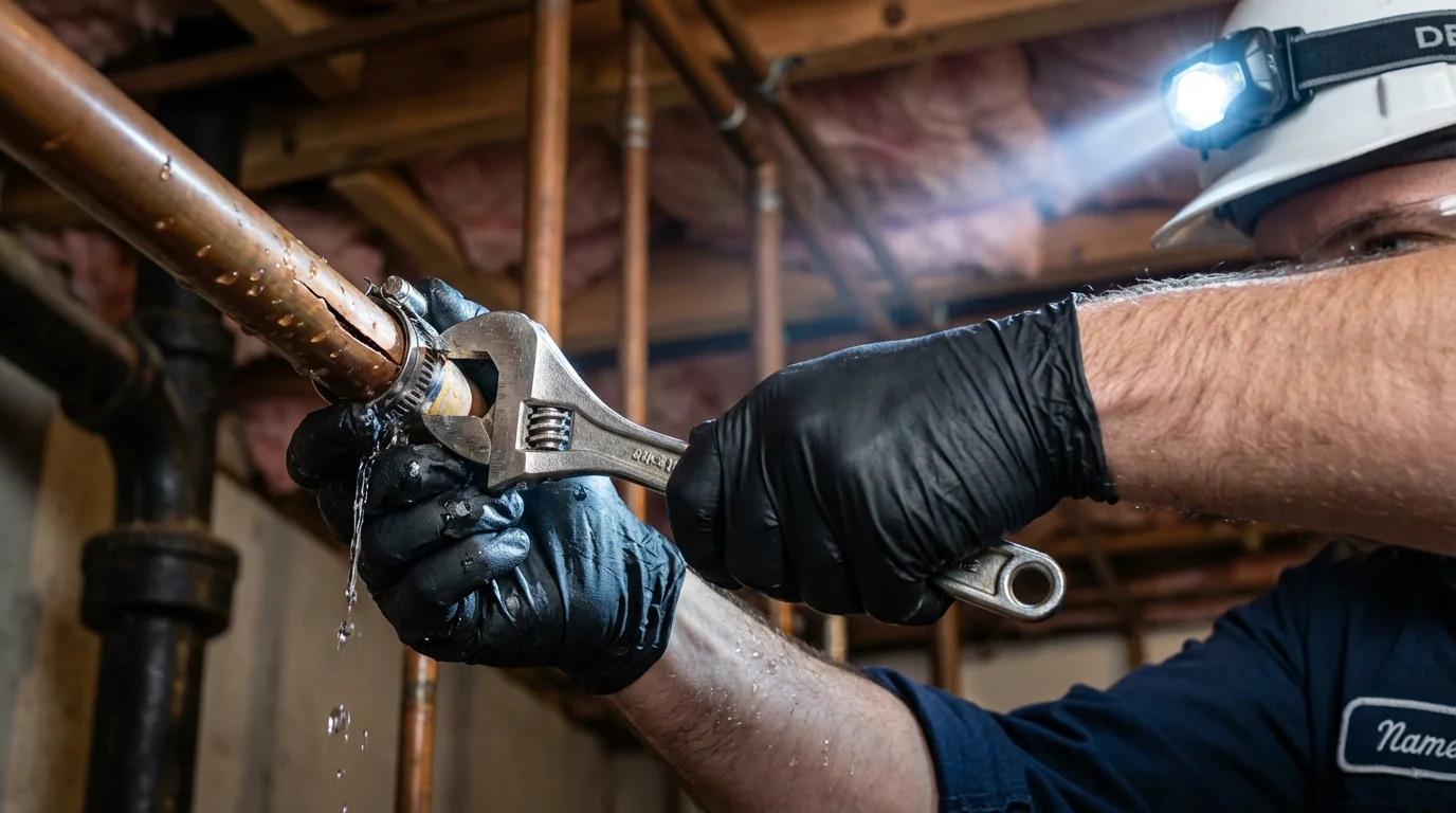 Emergency pipe clamp repair being performed by a Johns Plumbing LLC plumber in Ravenswood