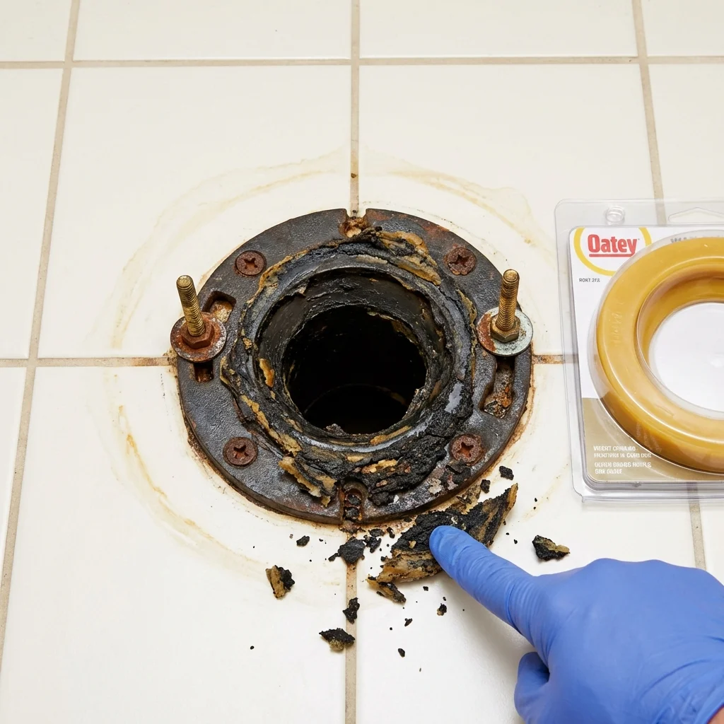 Failed wax ring showing water seepage at the base of a toilet in a Ravenswood, WV home
