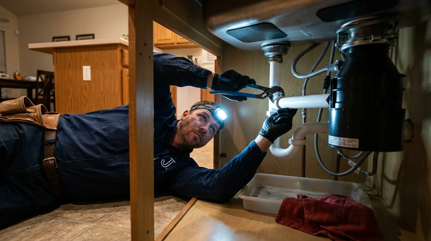 P-trap and supply line connections under a kitchen sink showing a common leak point in Ravenswood, WV